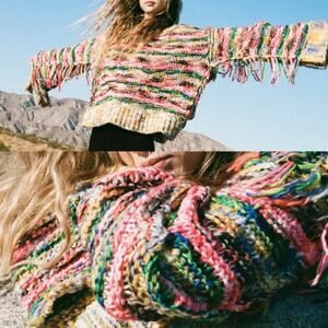 Urban Outfitters Kimchi Blue Festival Chunky Fringe Knit Sweater Multicolor M